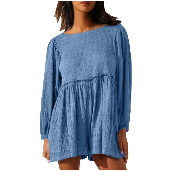 aidice Summer Womens Rompers Round Neck Long Sleeve Ruffle Keyhole Button Ruched Casual Shorts Jumpsuits