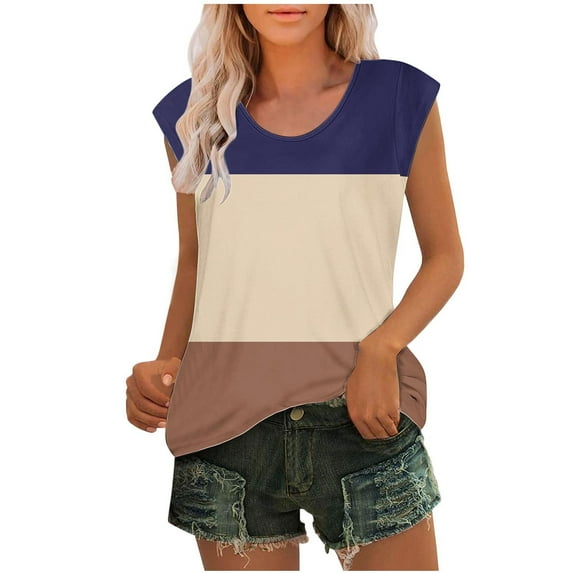 aidice Summer Womens Tops Round Neck Cap Sleeve Comfy Casual Tshirts Loose Color Block Daily Blouses Tops