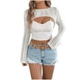 thumbnail image 1 of aidice Summer Womens Tops Round Neck Long Sleeve Hollow out Knit Cropped Comfy Beach Vacation Tshirts, 1 of 8