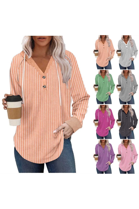 Sweatshirt Hoodie for Women Striped Long Sleeve Quarter Button V Neck Lightweight Casual Loose Pullover