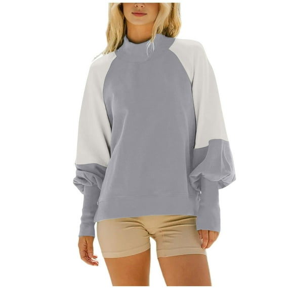 aidice Sweatshirts for Women High Neck Puff Sleeve Casual Loose Trendy Color Block Fall Blouses Tops