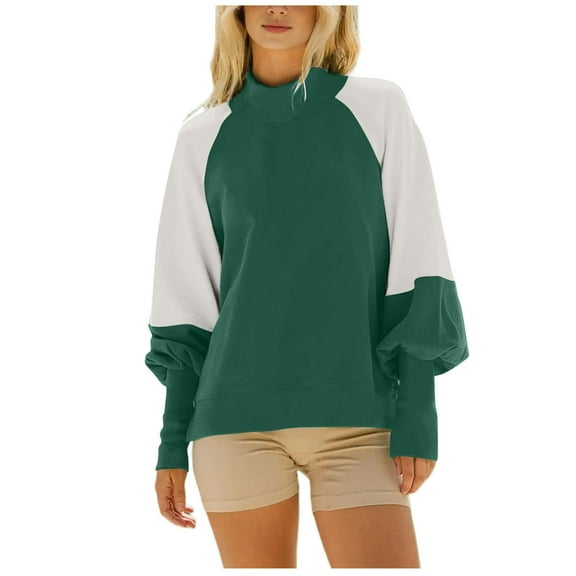 aidice Sweatshirts for Women High Neck Puff Sleeve Casual Loose Trendy Color Block Fall Blouses Tops