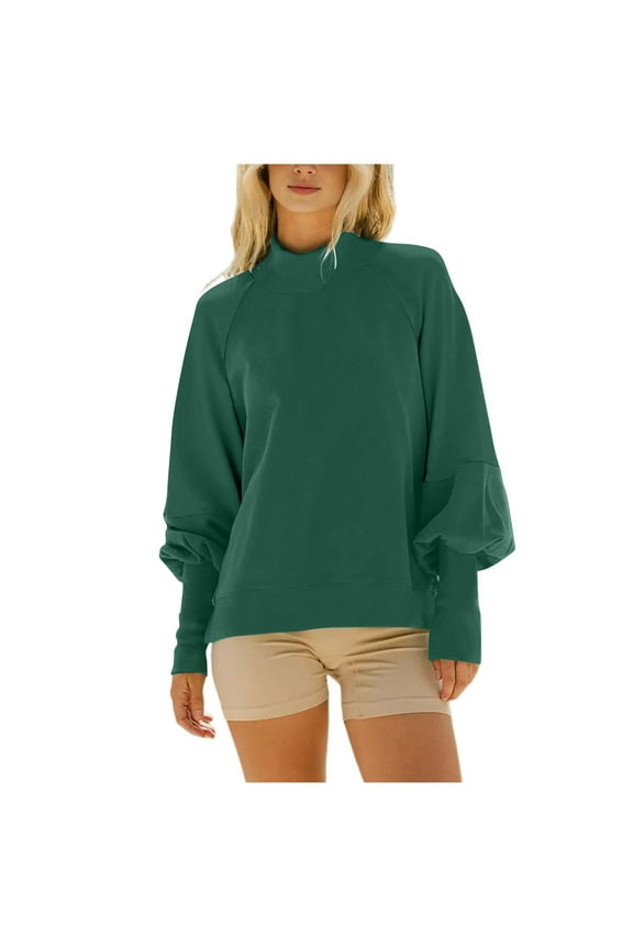 Sweatshirts for Women High Neck Puff Sleeve Drop Shoulder Pullover Tops Loose Casual Fall Winter Blouses