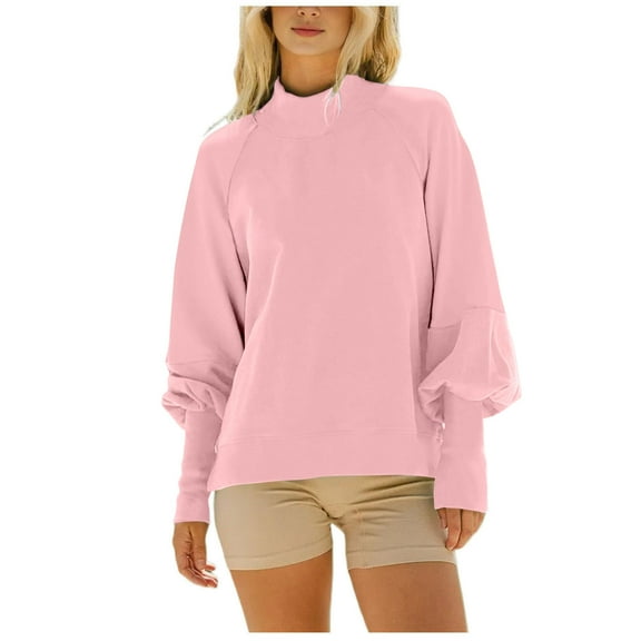 aidice Sweatshirts for Women High Neck Puff Sleeve Drop Shoulder Pullover Tops Loose Casual Fall Winter Blouses