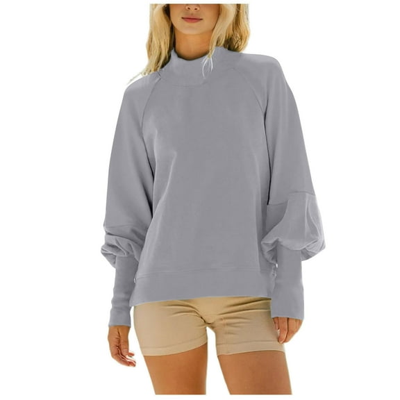 aidice Sweatshirts for Women High Neck Puff Sleeve Drop Shoulder Pullover Tops Loose Casual Fall Winter Blouses