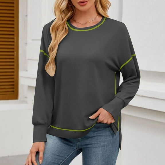 aidice Sweatshirts for Women Round Neck Long Sleeve Loose Casual Shirts Side Split High Low Hem Blouses Tops