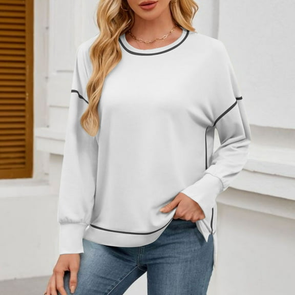 aidice Sweatshirts for Women Round Neck Long Sleeve Loose Casual Shirts Side Split High Low Hem Blouses Tops