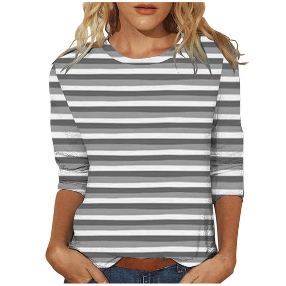aidice T Shirts for Women Casual Crewneck 3/4 Length Sleeve Tops Comfy Fitting Striped Tee Shirts
