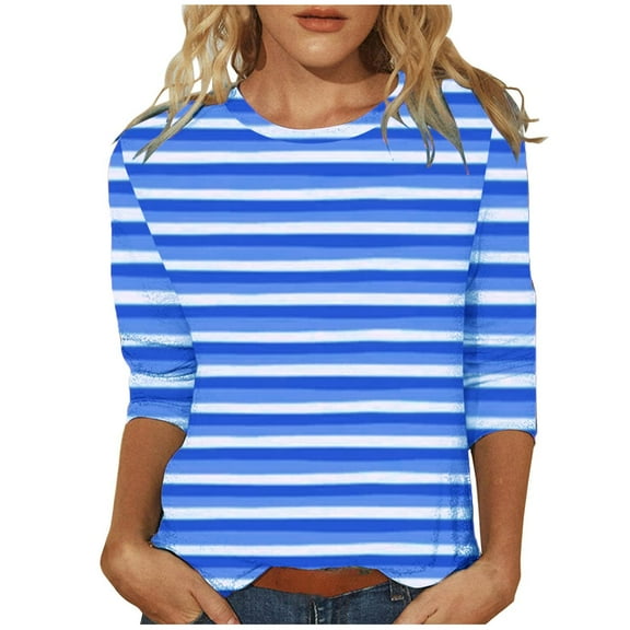 aidice T Shirts for Women Casual Crewneck 3/4 Length Sleeve Tops Comfy Fitting Striped Tee Shirts