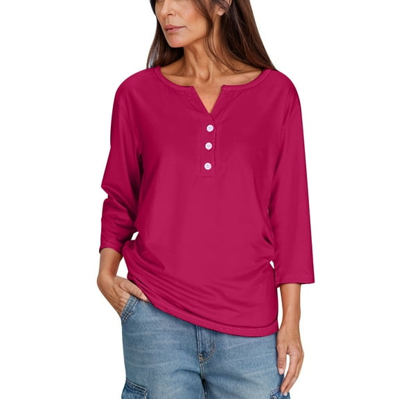 aidice T Shirts for Women Casual Notched V Neck 3/4 Length Sleeve Tops Button Comfy Fitting Shirts