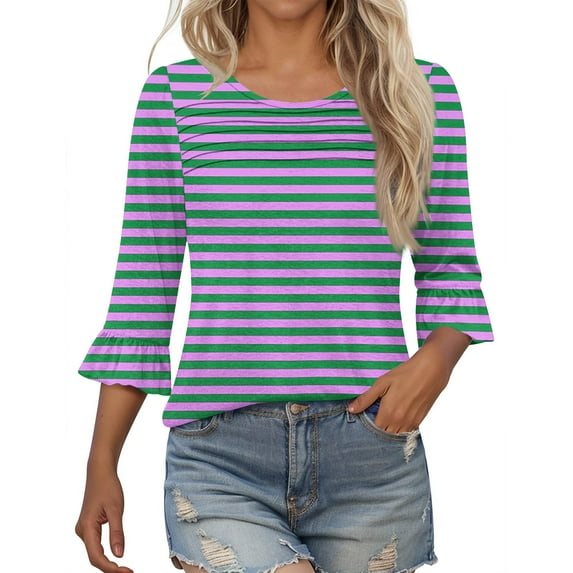 aidice T Shirts for Women Casual Round Neck 3/4 Length Sleeve Ruffle Ruched Striped Comfy Fitting Tee Shirts