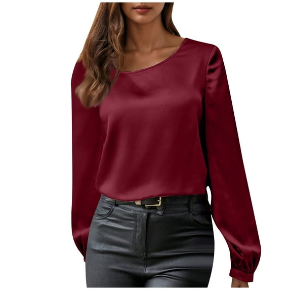 aidice T Shirts for Women Casual Round Neck Long Sleeve Shirts Comfy Loose Solid Color Trendy Tops