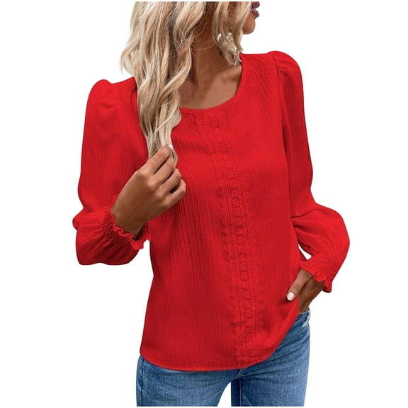 aidice T Shirts for Women Casual Round Neck Long Sleeve Smocked Lace Tops Loose Solid Color Shirts
