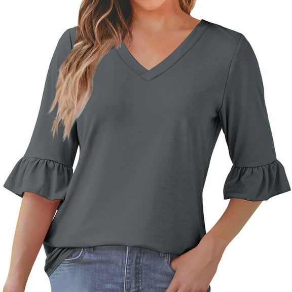 aidice T Shirts for Women Casual V Neck 3/4 Sleeve Ruffle Tops Loose Comfy Drop Shoulder Tee Shirts
