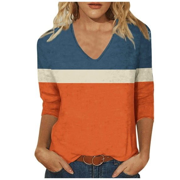aidice T Shirts for Women Casual V Neck 3/4 Sleeve Tops Comfy Fitting Color Block Tee Shirts Size S-XXL
