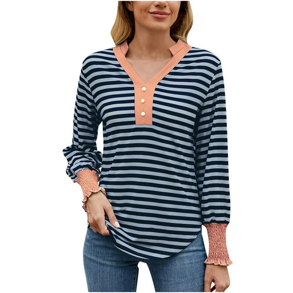 aidice T Shirts for Women Casual V Neck Button Long Sleeve Shirts Comfy Fitting Curved Hem Fall Tops