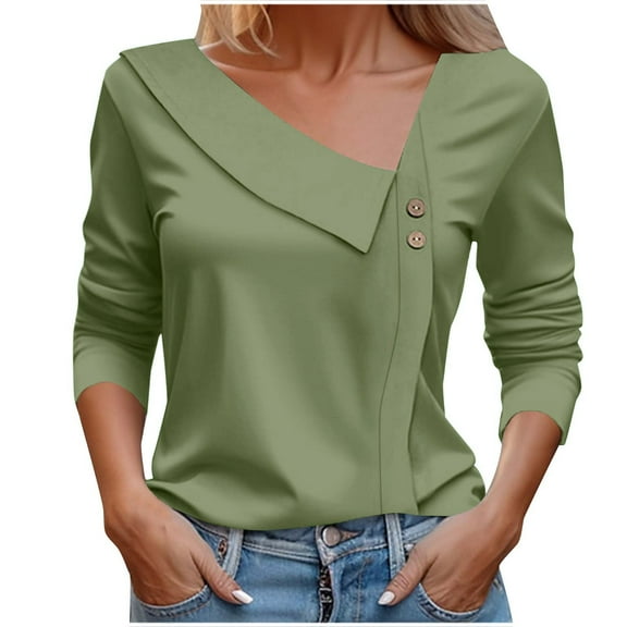 aidice T Shirts for Women Casual V Neck Irregularly Long Sleeve Button Fitting Comfy Solid Color Tops