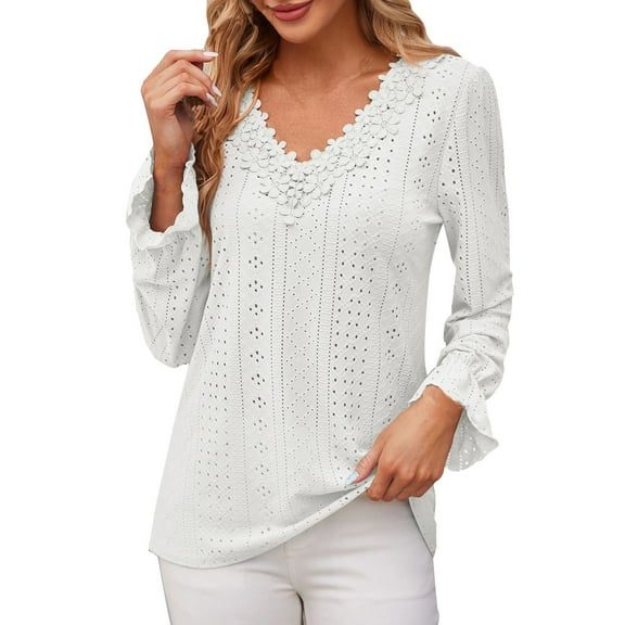aidice T Shirts for Women Eyelet V Neck Flower Long Sleeve Ruffle Tops Loose Comfy Solid Color Shirts