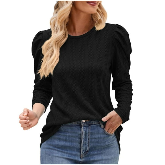 aidice T Shirts for Women Ribbed Crewneck Long Puff Sleeve Fitting Casual Tops Texture Comfy Shirts