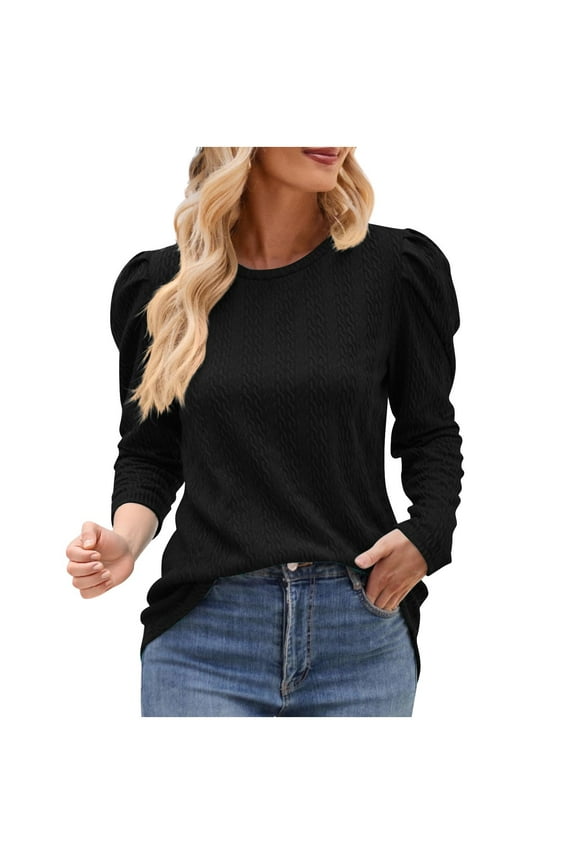 T Shirts for Women Ribbed Crewneck Long Puff Sleeve Fitting Casual Tops Texture Comfy Shirts