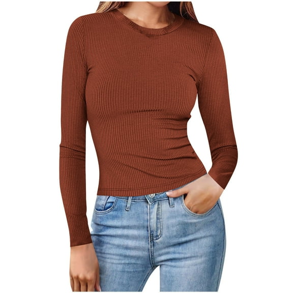 aidice T Shirts for Women Ribbed Crewneck Long Sleeve Tops Comfy Slim Fitting Casual Basic Tee Shirts