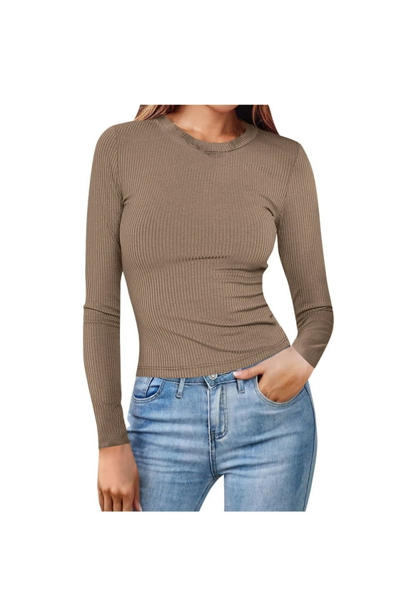 T Shirts for Women Ribbed Crewneck Long Sleeve Tops Comfy Slim Fitting Casual Basic Tee Shirts