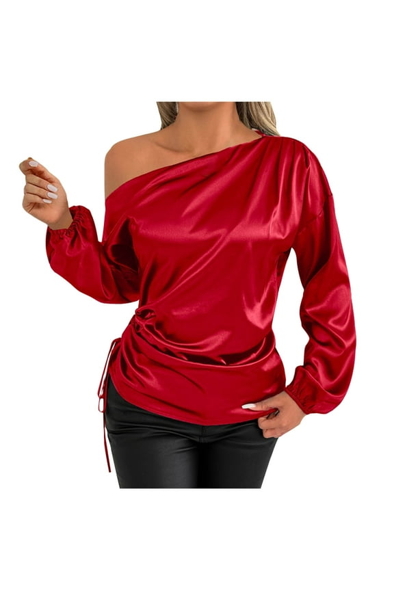 T Shirts for Women Satin off Shoulder Long Puff Sleeve Side Drawstring Ruched Casual Shirts