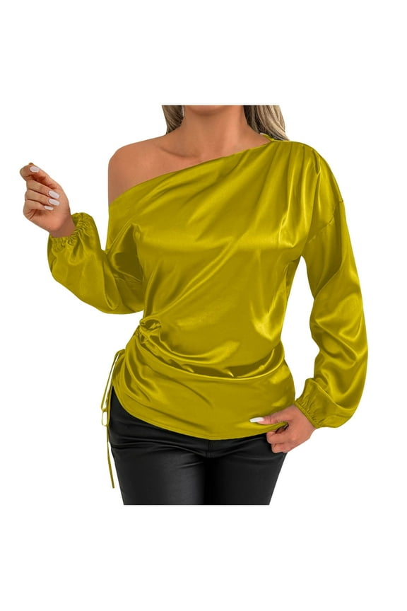T Shirts for Women Satin off Shoulder Long Puff Sleeve Side Drawstring Ruched Casual Shirts