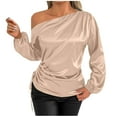 thumbnail image 1 of aidice T Shirts for Women Satin off Shoulder Long Puff Sleeve Side Drawstring Ruched Casual Shirts, 1 of 5