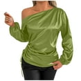thumbnail image 1 of aidice T Shirts for Women Satin off Shoulder Long Puff Sleeve Side Drawstring Ruched Casual Shirts, 1 of 5