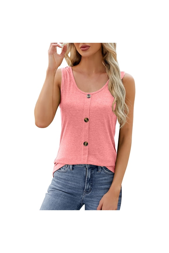 Tank Tops for Women Cotton Sleeveless Button Crewneck Tops Summer Vacation Beach Tanks Solid Color