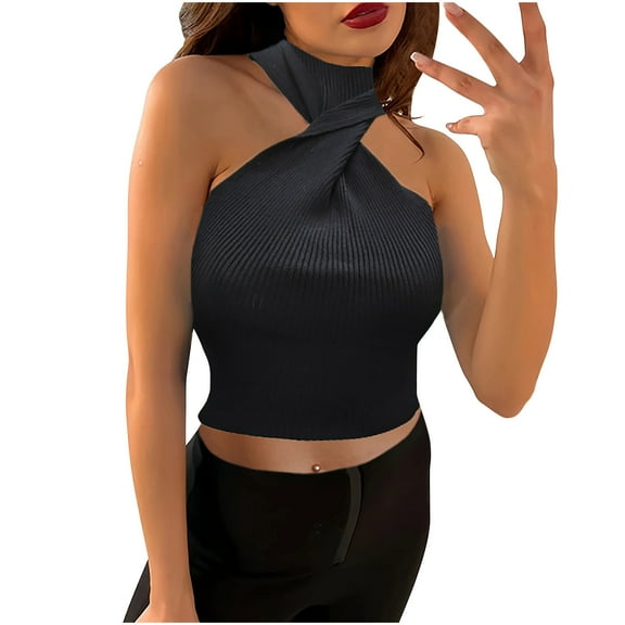 aidice Tank Tops for Women Ribbed High Neck Sleeveless Slim Fitted Comfy Tshirts Summer Casual Knot Crop Tops