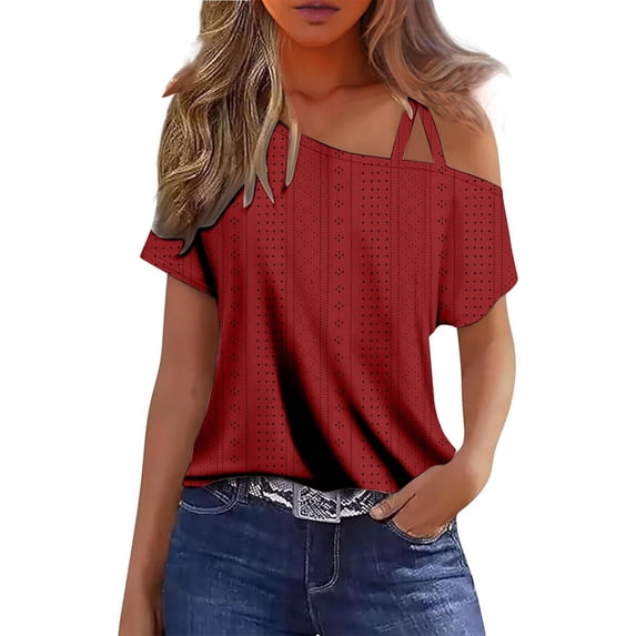 aidice Tee Shirts for Women Strap Short Sleeve off Shoulder Tops Loose Comfy Summer Trendy Women's Casual Shirts