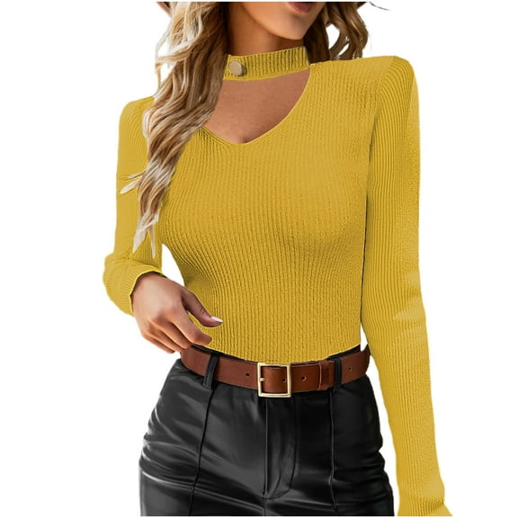 aidice Tops for Women Casual Choker Neck Cutout Long Sleeve Tshirts Slim Fitting Comfy Fall Shirts