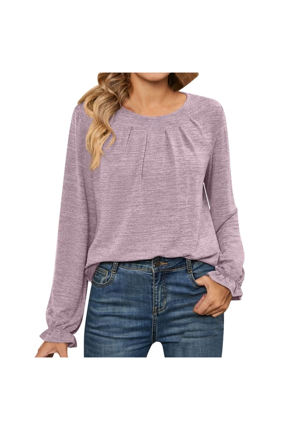Tops for Women Casual Long Sleeve Round Crewneck Ruched Shirts Comfy Loose Ruffle Fall Tops