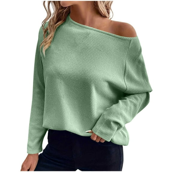 aidice Tops for Women Casual Long Sleeve Round Neck Loose Shirts Solid Color Drop Shoulder Basic Tops