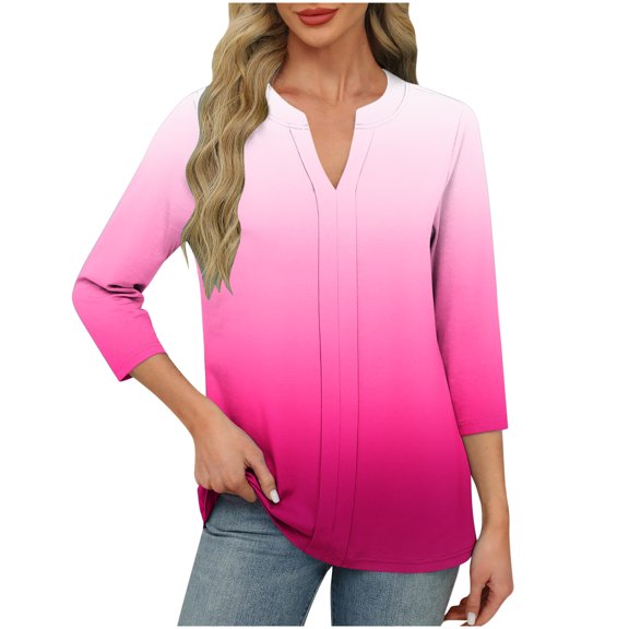 aidice Tops for Women Casual Notched V Neck 3/4 Sleeve Shirts Comfy Fitting Gradient Color Tee Shirts