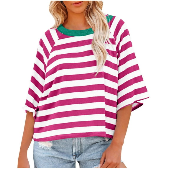 aidice Tops for Women Casual Round Neck 3/4 Length Sleeve Shirts Striped Loose Drop Shoulder Blouses Tops