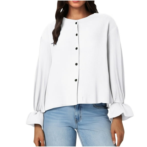 aidice Tops for Women Casual Round Neck Long Sleeve Button up Comfy Fitting Solid Color Tee Shirts