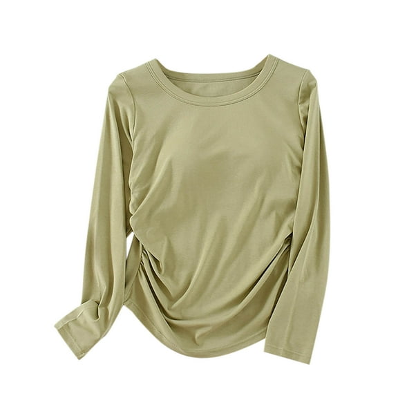 aidice Tops for Women Casual Round Neck Long Sleeve Ruched Shirts Comfy Homewear Fitting Blouses Tops