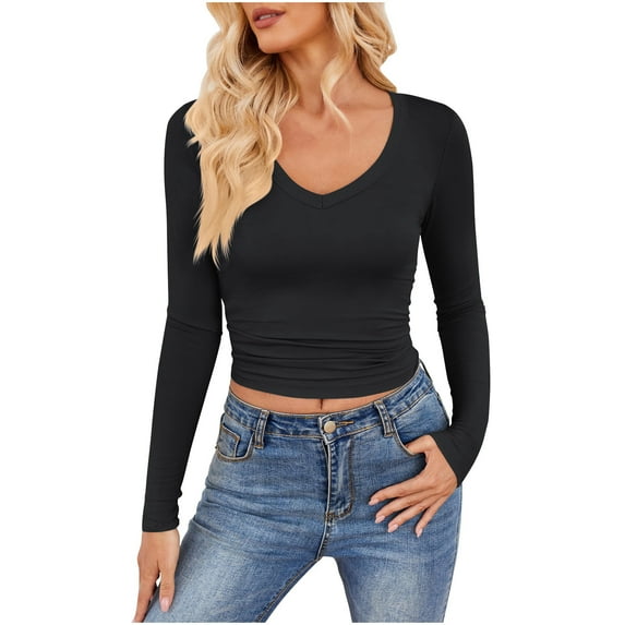 aidice Tops for Women Casual Round Neck Long Sleeve Slim Fitting Shirts Comfy Solid Color Tee Shirts