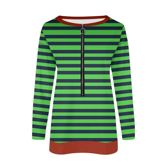 aidice Tops for Women Casual Round Neck Long Sleeve Striped Tunic Zip Comfy Drop Shoulder Blouses Tops