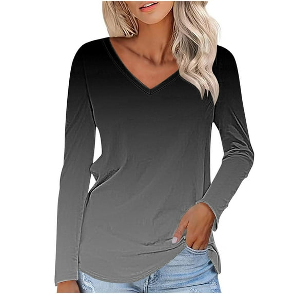 aidice Tops for Women Casual V Neck Long Sleeve Fitting Shirts Comfy Fall Gradient Color Blouses Tops