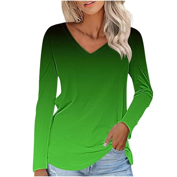 aidice Tops for Women Casual V Neck Long Sleeve Fitting Shirts Comfy Fall Gradient Color Blouses Tops