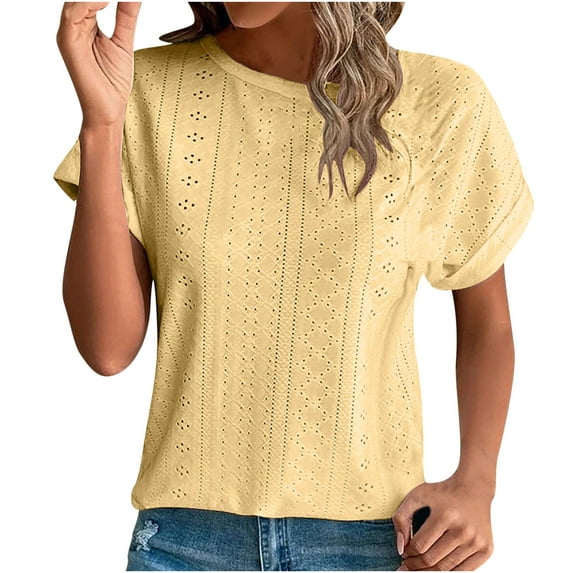 aidice Tops for Women Eyelet Round Neck Short Sleeve Loose Shirts Comfy Casual Solid Color Summer T Shirts