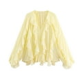 thumbnail image 1 of aidice Tops for Women Trendy Deep V Neck Long Sleeve Ruffle Button up Loose Comfy Solid Color Shirts, 1 of 3