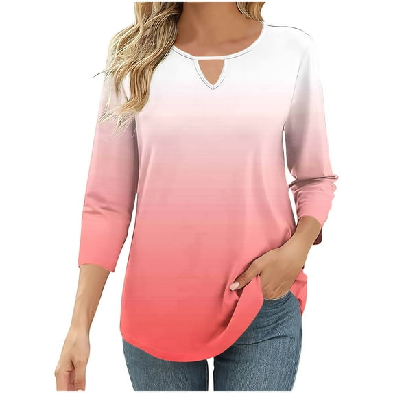 aidice Tops for Women Trendy Round Neck 3/4 Sleeve Tees Fitting Comfy Gradient Color Casual Shirts
