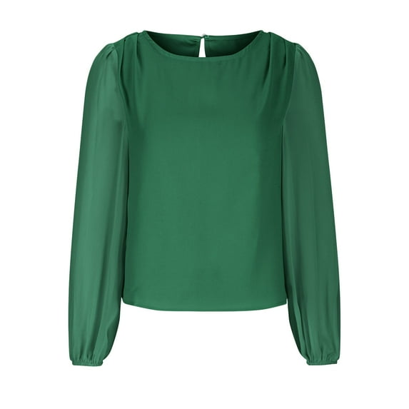 aidice Tops for Women Trendy Round Neck Long Sleeve Loose Blouses Keyhole Ruched Solid Color Shirts