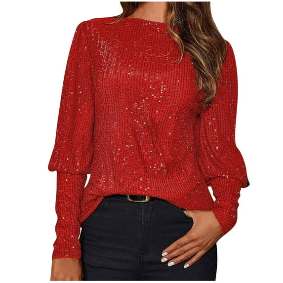 aidice Tops for Women Trendy Sequin Round Neck Long Sleeve Tshirts Loose Casual Solid Color Shirts
