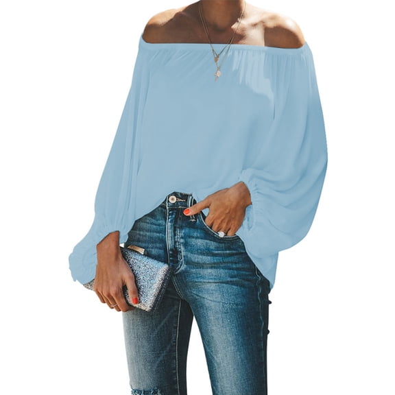 aidice Tops for Women Trendy off Shoulder Long Sleeve Loose Casual Shirts Ruched Solid Color Blouses